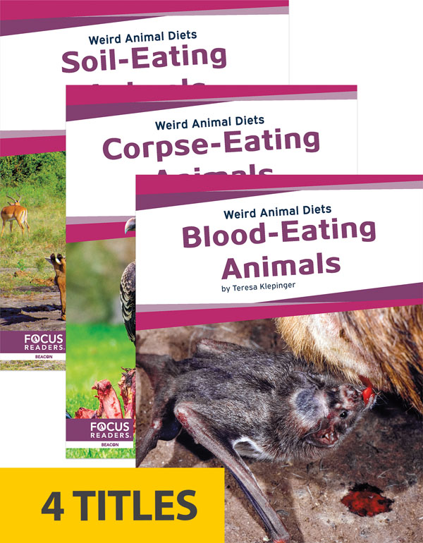 Animals eat a variety of foods, from plants and other animals to poop, soil, or blood. This series examines four of the most interesting animal diets and explores the reasons why animals eat those particular foods. Each book also includes a table of contents, fun facts, an Animal Spotlight special feature, quiz questions, a glossary, additional resources, and an index. This Focus Readers series is at the Beacon level, aligned to reading levels of grades 2-3 and interest levels of grades 3-5.