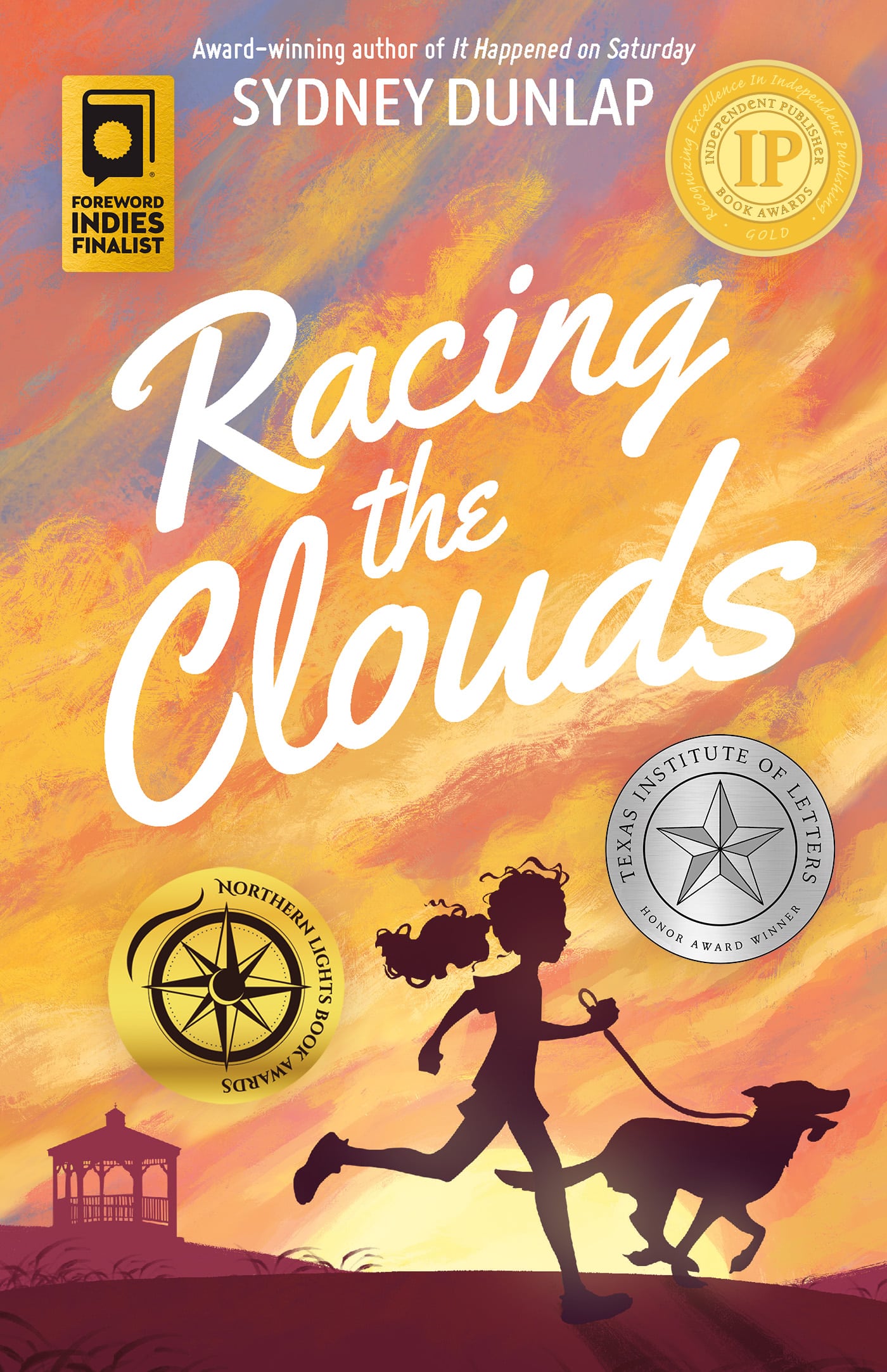 Cover of "Racing the Clouds". A shadowed girl runs with her dog.